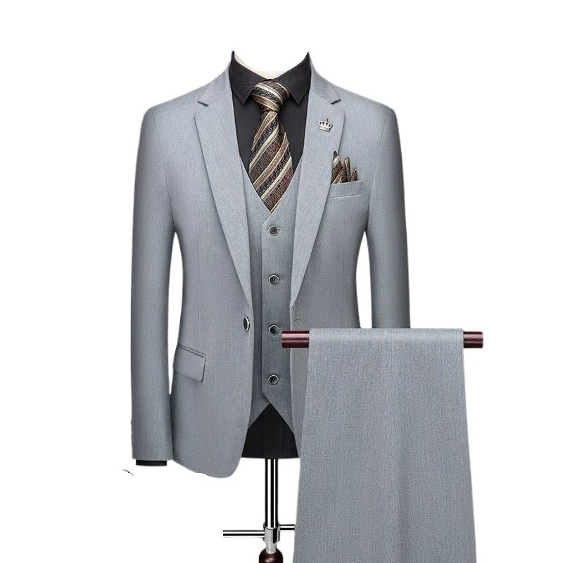 Men’s Classic 3 Piece Suit Set with Pants and Vest Formal Business Tuxedo for Wedding Party and Birthday Celebrations(Gray,Large)