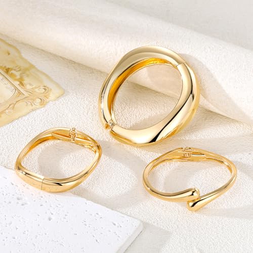 IFKM 3pcs Chunky Gold Bangle Bracelet For Women 14k Gold Plated Trendy Wide Hinged Cuff Open Bracelet Dainty Minimalist Jewelry Gifts3