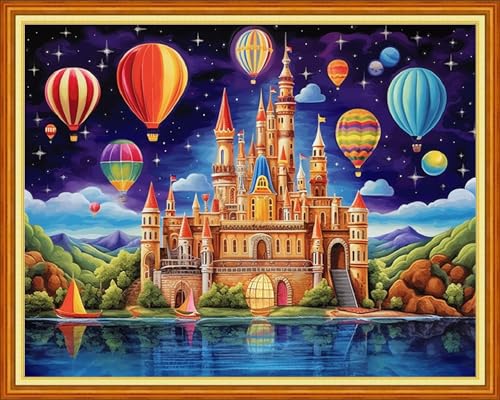 Image of Foxhool Beginners Cross Stitch Kits Stamped Full Range of Embroidery Kits for Adults DIY Cross Stitches kit Embroidery Patterns for Needlepoint kit-Hot air Balloon Castle 16x20 inch