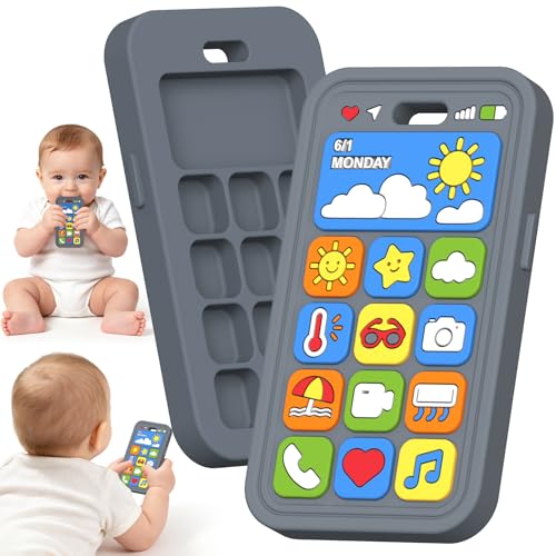 Image of Baby Teething Toys Silicone Baby Phone Teether Over 3 Months | Sensory Chew Toys Baby Teether for Teething Relief - BPA Free Infant Toys Baby Shower Gifts (1, Grey)