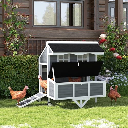 Image of PawHut 43 inch Chicken Coop with Wheels, Mobile Chicken House with Nesting Box, Windows, Pull-Out Tray, Perches, Wooden Chicken Tractor for 2-4 Hens, Rabbits, for Backyard, Patio, Gray