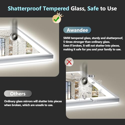 Image of 50x40 Brushed Nickel LED Bathroom Mirror with Lights, Backlit & Front-Lit, Anti-Fog, Framed Lighted Vanity Mirrors for Bathroom Wall, Dimmable, 3 Colors, Memory, Shatter-Proof, Tempered Glass