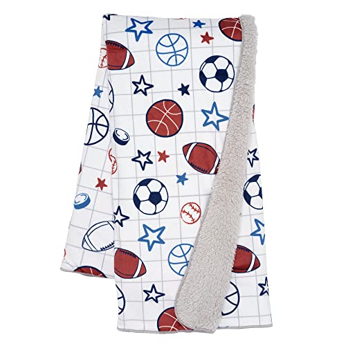 Image of Lambs & Ivy Baby Sports White Fleece Baby Blanket - Football/Basketball/Baseball