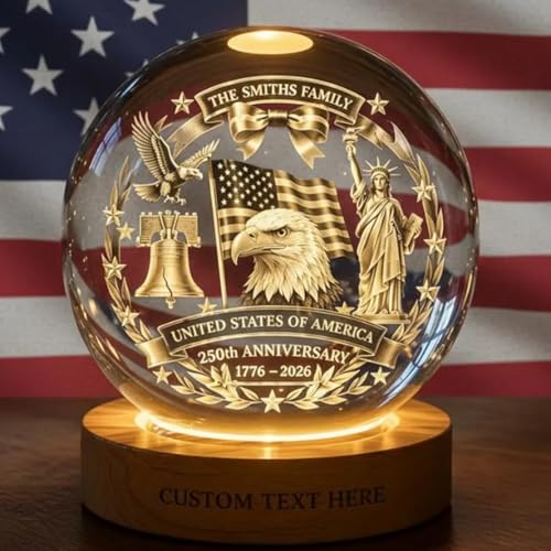 Image of 250 Anniversary Usa Merchandise, Personalized 250th Anniversary Crystal Ball Night Light, Custom 1776-2026 USA LED Lamp, Engraved Patriotic Gift, American Independence Decor Light for Home Family