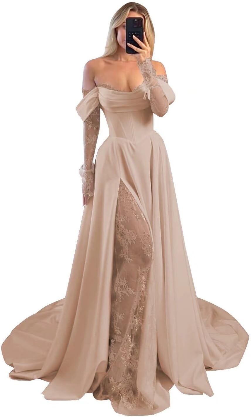 Off Shoulder Satin Wedding Dresses Lace Long Sleeve Prom Dress Corset A-Line Ball Gowns with Slit HWD92