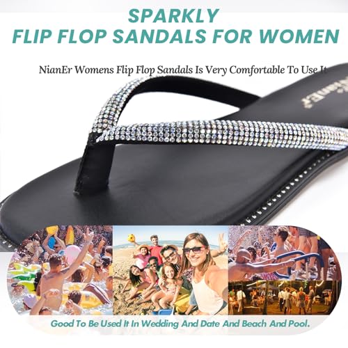 Image of NianEr Womens Microfiber Leather Memory Foam Sandals Flip Flops Slides | Rhinestone, Glitter, Sparkly, Bling, Jeweled, Sparkle, Diamond, Flat, Comfortable, Slip On, Dressy, Dress, Beach, Vacation
