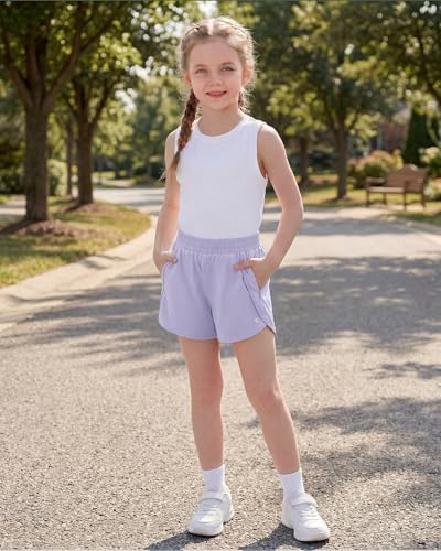 Stelle Girl's Athletic Shorts with Zipper Pockets Elastic Waist Running Short Basketball Volleyball Soccer Shorts for Teen Kids Lavender XS — view 3