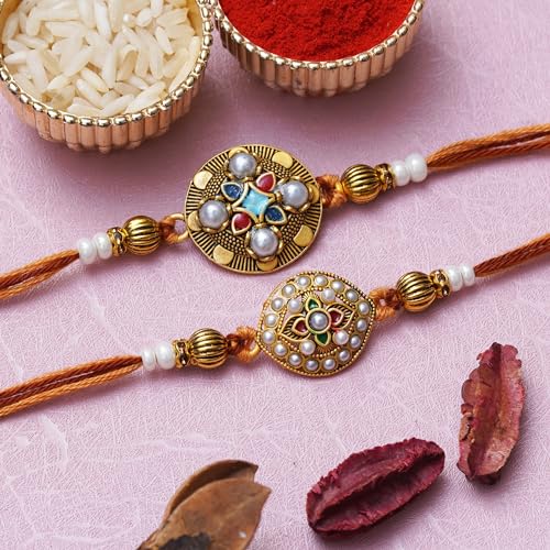 Image of eCraftIndia Set of 2 Floral Pearls Designer Rakhis, Best Bro Ever Fridge Magnet with Roli Chawal Pack - Rakhis for Brother, Bhabhi, Kids