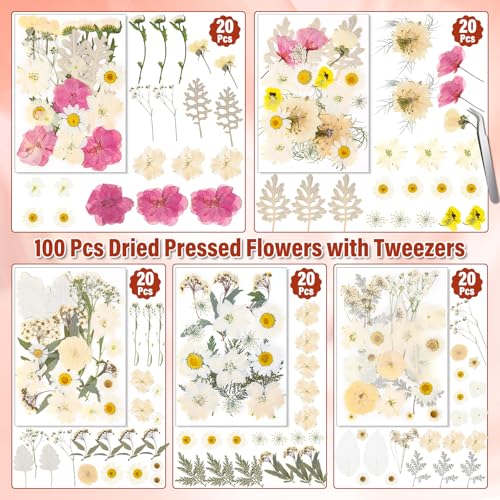 Image of Dried Pressed Flowers for Resin, Real Pressed Flowers Dry Leaves Bulk Natural Herbs Kit for Scrapbooking Art Crafts Epoxy Resin Jewelry Mold Candle Soap Making Nails Decor (White & Pink Floral)