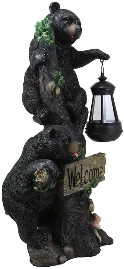 1 Pcs Climbing Black Bear Cubs Garden Light Welcome Statue Figurine Solar LED Lantern