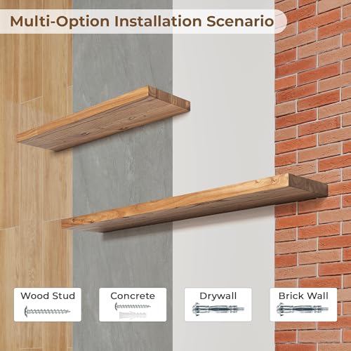 Image of Floating Shelves for Wall, 40in Reclaimed Elm Wood Shelves, Natural, 2PCs | 8in Deep Rustic Solid Elm Wood Wall Shelves for Storage, Wall Mounted, Invisible Metal Bracket