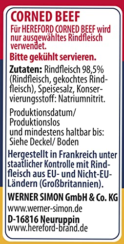 Hereford Corned Beef 340 g I gepökeltes Rindfleisch zerkleinert und in eigenem Saft gekocht I original Hereford Corned Beef I ausgewähltes Rindfleisch