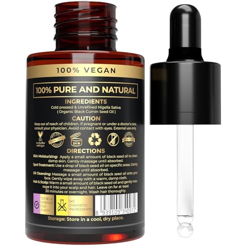 Image of 100% Plant Based Black Seed Oil for Hair Growth - Organic Cold Pressed Kalonji Oil for Skin & Hair Care | Hexane Free | Black Cumin Seed Drops for Skin moisturizer | Immune support