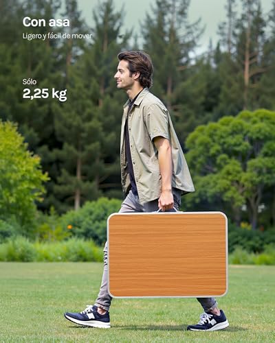 WOLTU Mesa de Camping, Mesas Plegable de Jardín, con Mango Multifuncional, Aluminio y MDF, Ideal para Picnic Playa Exteriores, 70x50x60 cm, Roble - imagen 5