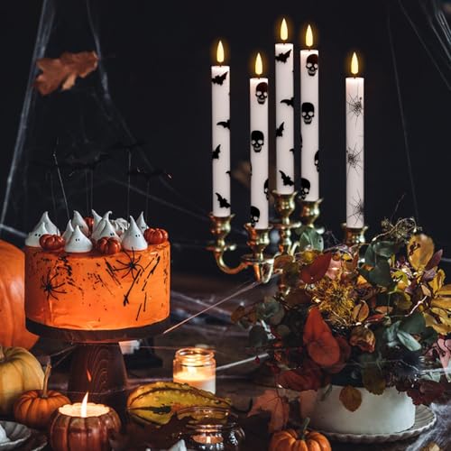 Image of Halloween Flameless Taper Candles with Remote Timer, 4 Pack LED Flickering Candlestick, 9.65 Inch Battery Operated Real Wax with Spider Web Prints Halloween Decor Indoor