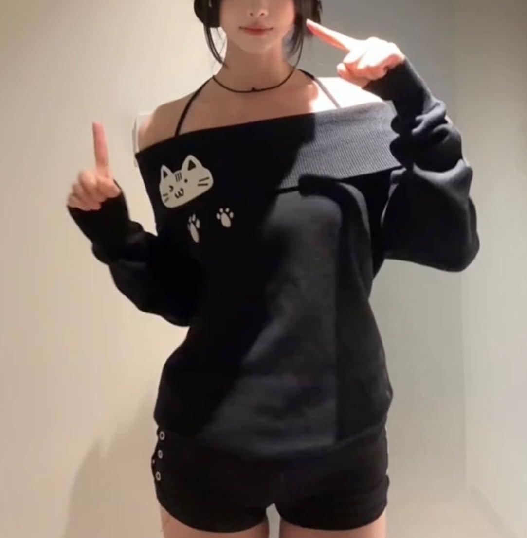 Women Y2K Off Shoulder Strap T-Shirts Cute Graphic Casual Long Sleeves Tops Kawaii Ribbing Trendy Outfits - Image 6