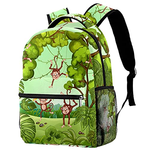 Sac à dos voyage campus enfant motif singes feuilles vertes porte-gourde