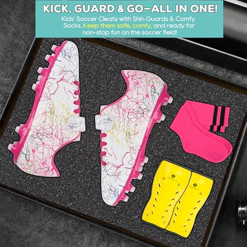 brooman Kids Firm Ground Soccer Cleats Girls Football Cleats with Shin Guards and Soccer Socks4