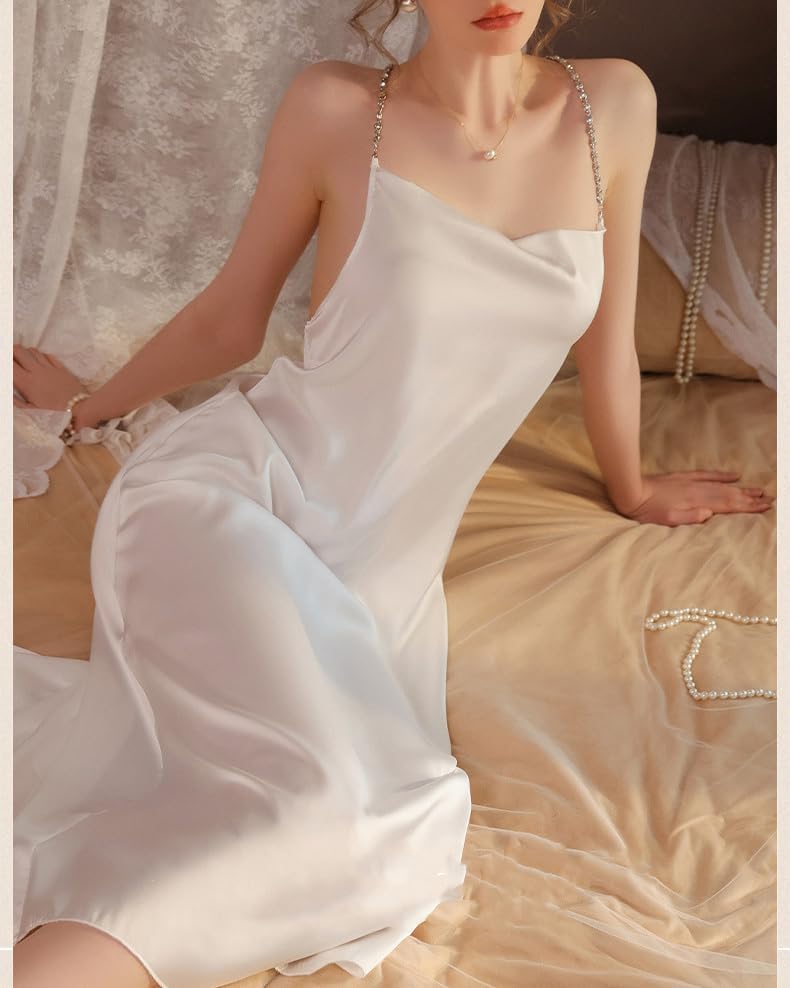 Women's Suspender Sleepwear Satin Sexy Backless Halter Long Lingerie Nightdress