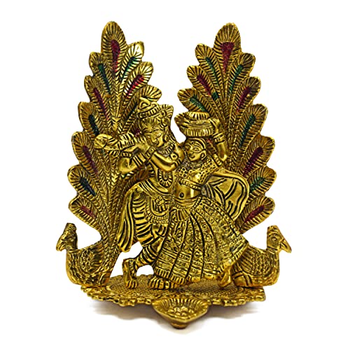Satvik 7" Metal Gold Plated With Antique Finish Radha Krishna Idol Statue Murti With Diya Peacock Hindu Religious God Statue Showpiece For Temple Pooja Decorative Indian Housewarming Return Gift #TOP1