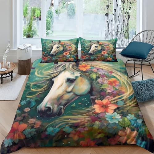 Housse de couette fleurs et chevaux impression 3D parure microfibre zippée