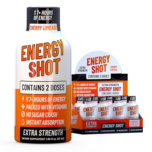 Image of Cherry Limeade Extra Strength Energy Shot 8 pk - 260mg Natural Caffeine B12 B6 - Energy & Focus Support - 2 Servings Sugar Free Zero Calorie Green Tea B-Vitamins Electrolytes Vegan - 1.93 fl oz