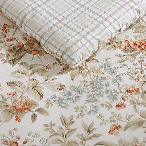 Image of Laura Ashley - Queen Comforter Set, Reversible Cotton Bedding with Matching Shams, Floral Home Decor with Plaid Reverse (Bramble Floral Beige, Queen)