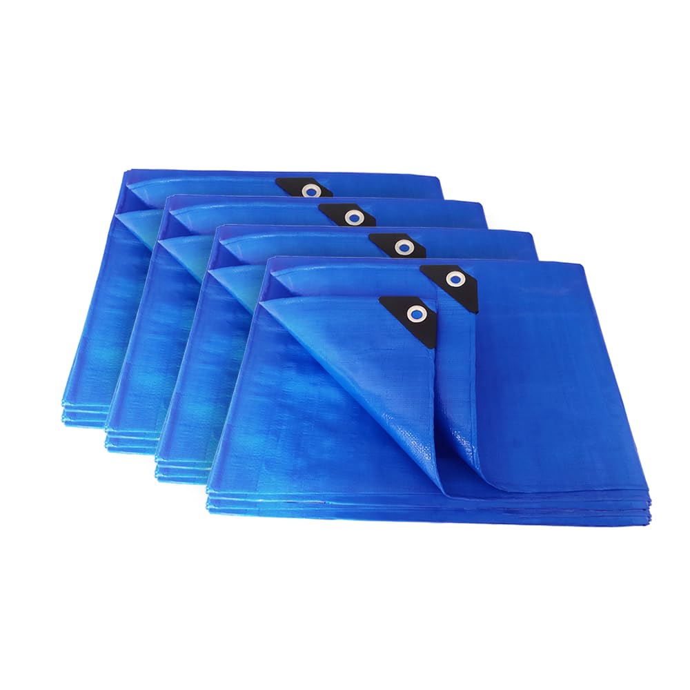 ANSIO Tarpaulin 3m x 4m Pack of 4 Water-resistant Tarp Large Camping Cover Sheet – Multipurpose Groundsheet with UV Protection, Weatherproof & Frost-Resistant – Reinforced Eyelets - Blue — image 1