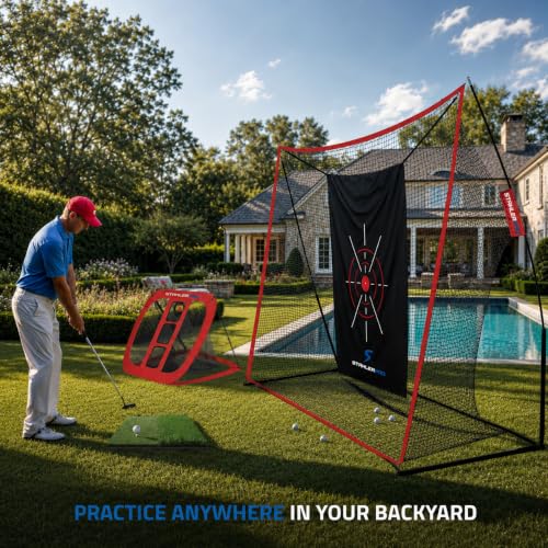 Golf Net Set with Practice Mat, 10x7ft Training Net with Chipping Net, 8 Tees, 6 Balls, Carry Bag, Impact Stickers, Ball Line Marker, Golf Training Set for Outdoor and Indoor Use - Image 2