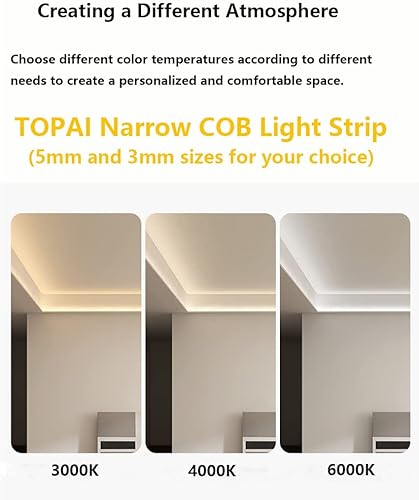 Miniatura 7 de TOPAI Tira LED COB de 12 V, delgada, estrecha, 0.118 in, ancho, 6000 K, blanco frío, CRI 90+ 4000 lm, súper brillante, 16.4 pies, sin puntos, alta