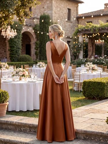 Image of Ever-Pretty Women's Summer Satin V Neck Formal Wedding Guest Dress Floor Length Empire Waist Bridesmaid Dresses with Pockets