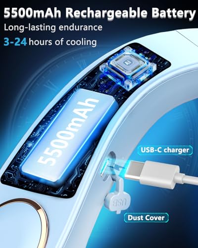 Image of FWV Neck Air Conditioner with Cooling Plate, 5500mAh 3-24H Working, 5-Speed Quiet 30dB, LED Display Personal AC, USB-C Bladless Wearable Cooling Neck Fans that Blow Cold Air for Men Women Kids Blue
