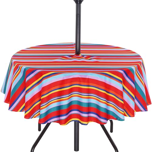 Image of Poise3EHome 60 inches Outdoor /Indoor Waterproof Spillproof Round Tablecloth with Umbrella Hole for Camping, Picnic, Christmas Tree Skirt, BBQ, Color Stripe