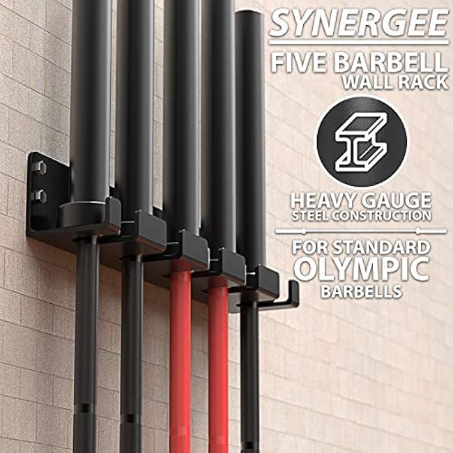 Synergee 1, 2 or 5 Barbell Holder. Vertical Hanging Rack. Holds Bars, Curl, Hex, Tricep Bars. Compact, Vertical Storage. Organization for Home, Commercial, Garage Gyms