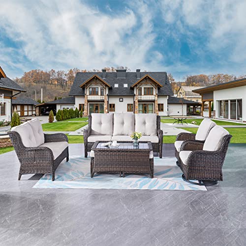 Wicker-Patio-Furniture-Set-7-PC-Rattan-Outdoor-Sectional-Conversation-Sets-with-2-Rocking-Swivel-Chairs2-Ottomans1-Sofa1-Loveseat-and-1-Coffee-Table-for-Porch-DeckBrownBeige Wicker Patio Furniture Set 7 PC Rattan Outdoor Sectional Conversation Sets with 2 Rocking Swivel Chairs2 Ottomans1 Sofa1 Loveseat and 1 Coffee Table for Porch DeckBrownBeige