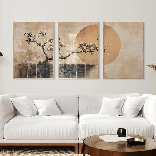 GOSRD Minimalist Japandi Wall Art Beige & Brown Japanese Tree Gallery Wall Abstract Sun Poster Canvas Paintings For Room Decor(30x50cm-3Pcs)