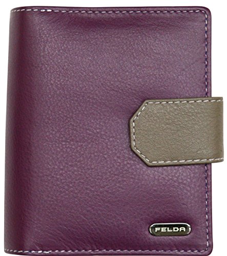 Felda - Cartera para Mujer - con Bloqueo de transmisiones RFID, 14 Ranuras para Tarjetas y portamonedas - Cuero auténtico - Morado/Multicolor