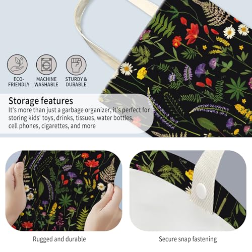 Image of Car Trash Can, Hanging Garbage Bin for Men and Women, Cute Car Organizer and Storage Bag, Canvas Vehicle Trash Can Bag Easy-to-Install Cute Black Floral