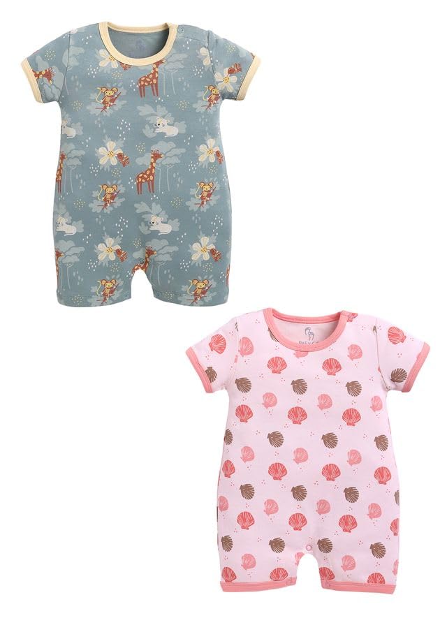 Image of Baby GO Cotton Printed New Born Baby Romper Jumpsuit Bodysuit Pack of 2 | Short Sleeve Sleepsuit | Nightwear | Summer Wear for Infants, Baby Boys and Baby Girls