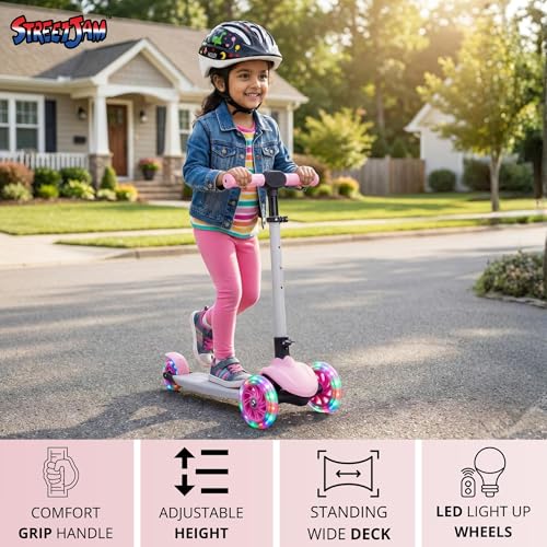 Image of STREETJAM Zoltra LED Wheel Kids Kick Scooter 3-12 Years, LED Light Wheels, BIS Approved, Lean-to-Steer Control, Extra Wide Deck, Vibrant Two-Tone Design, Up to 50 kg Load (Baby Pink with Grey)