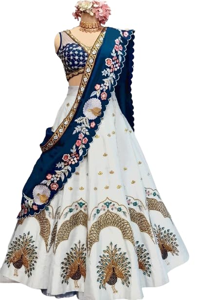 Women's White Embroidered Satin Silk Semi-Stitched Lehenga Choli For Women I Designer I New I Bridal I Bollywood I Letest I Stylish I Lehenga For Women | White Lehenga-image-38