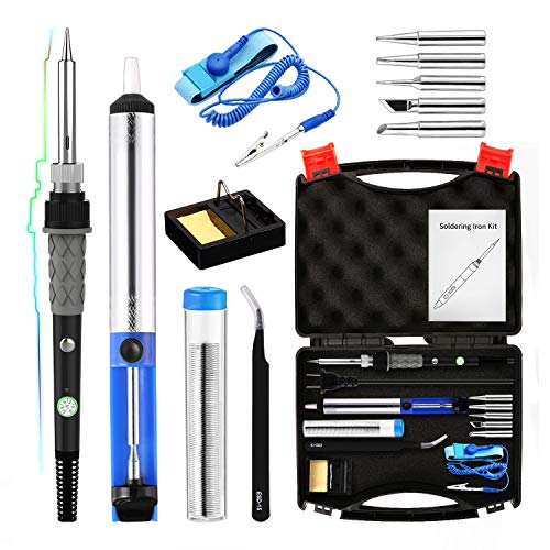 Soldering Iron Kit 60W,Adjustable Temperature Soldering Iron,ESD Wristband, 5 Solder Tips, Solder Sucker