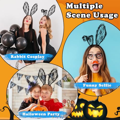 QIZHIQIAMY Hasenohren Haarreif Schwarz Spitze Halloween Hasen Ohren Haarreif Black Bunny Ears Kostüm für Erwachsene Halloween, Karneval Hasenohren Kostüm Accessoires