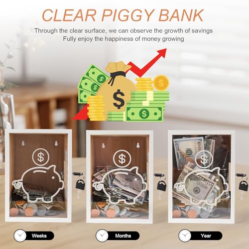 Mczxon Clear Piggy Bank with Lock, Large Money Saving Jar Money Bank Box Container for Cash Saving, Openable Clear Money Coin Change Bank Jar Container Penny Piggy Jar Bank for Adults Kids, White - Thumbnail 5