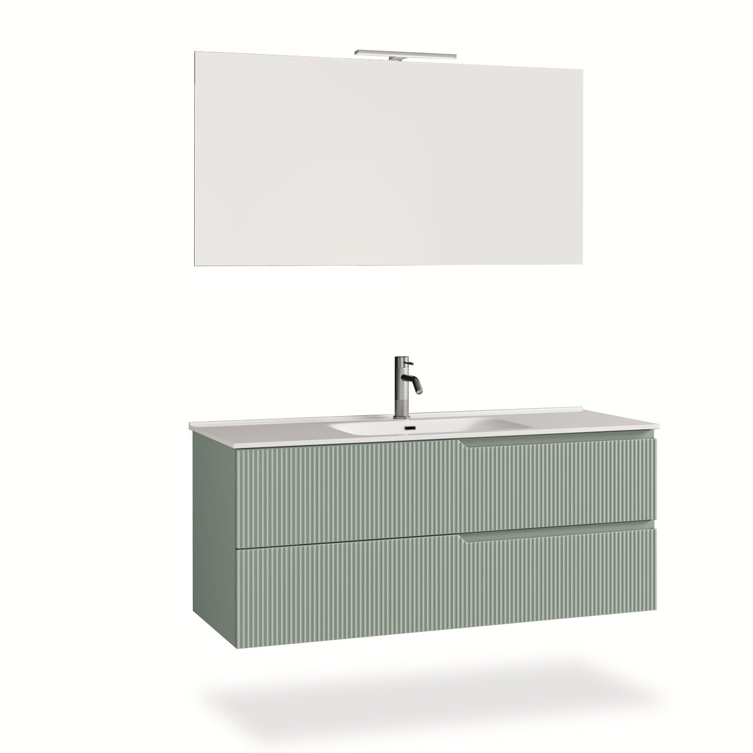AQA DESIGN mobile bagno composizione 4 pezzi, mobile bagno con lavabo, base sospesa con frontali in MDF cannettato, set mobili bagno nr2 cassetti - Verde - 121x46,5x190 cm