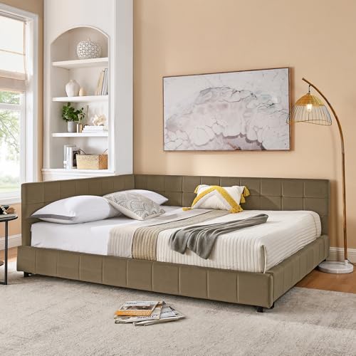 Queen Size Corner Bed Frame, Upholstered Tufted Queen Daybed with