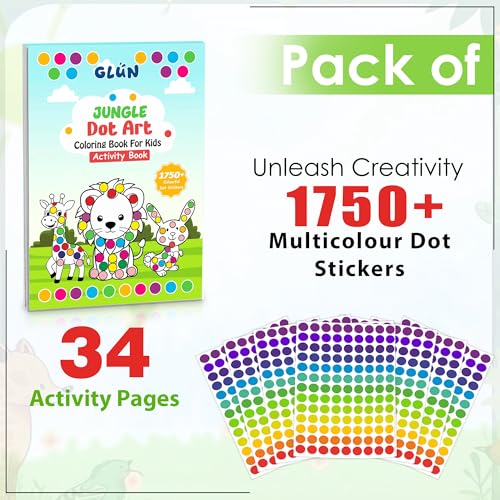 Image of GLUN Jungle Dot Art Sticker Activity Book for Kids Ages 3-6 Years Learning Workbook with 1750+ Colorful Stickers | Wild Animals, Letter Recognition, Fine Motor Skills & Preschool Learning | 34 Pages