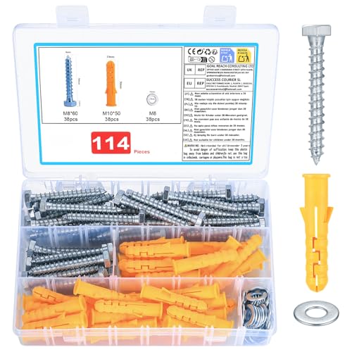 Lot de 114 chevilles à béton : 38 chevilles M10 x 50 mm et 38 vis à béton M8 x 60 mm et 38 rondelles M8 M8, vis hexagonales et chevilles, chevilles à tige longue
