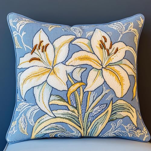 Taxpy Kit Completo de Funda de Cojín con Gancho de Cierre, flor de lirio blanco Kit de Funda de Almohada, Cojines de Ganchillo para Adultos y Principiantes, Decoración Del Hogar, 43x43cm