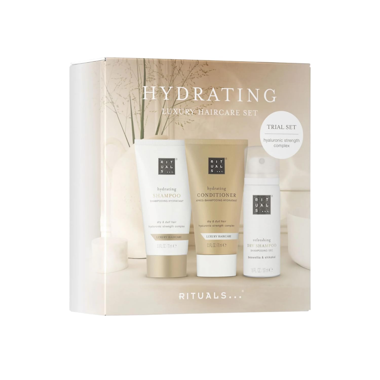 Rituals Hydrating Luxury Haircare Trial Set, Feuchtigkeitsspendendes Shampoo 70ml, Conditioner 70ml, Trockenshampoo 50ml, mit Hyaluronsäure und Arganöl, Beige, 3-teilig